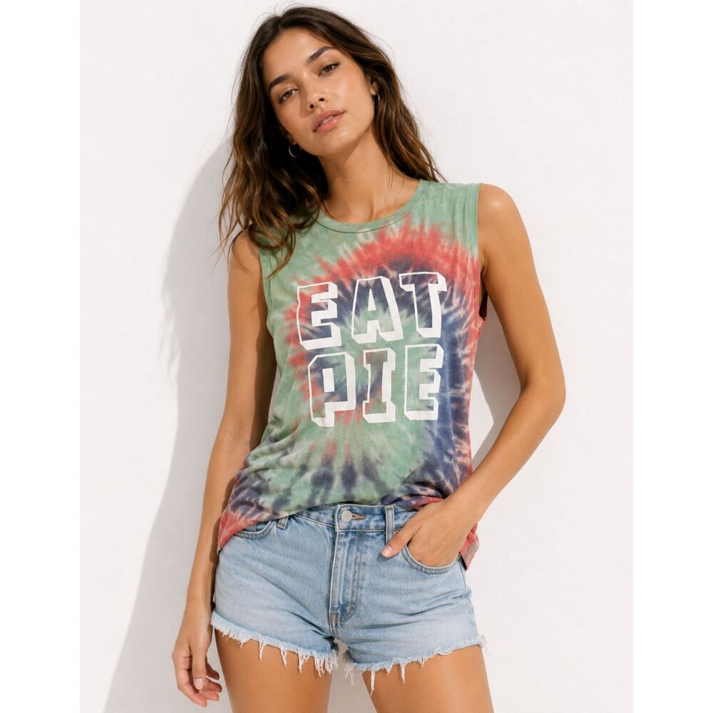 Wildfox Eat Pie Tie Dye Muscle Tank Top Graphic Festival Y2K Oversized XS